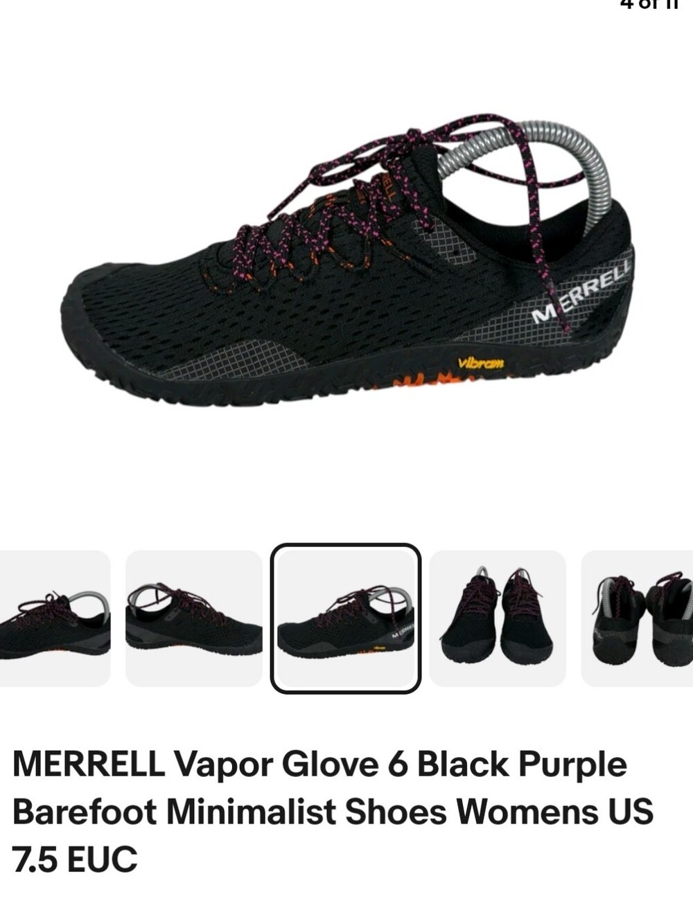 MERRELL Vapor Glove 6 Black Purple Barefoot Minimalist Shoes Womens US 7.5